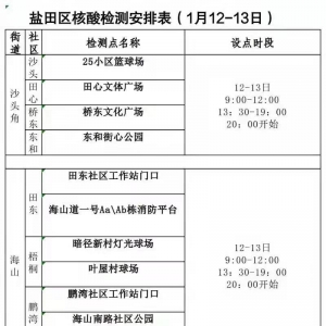 深圳盐田区免费核酸检测点安排(1.12-13)