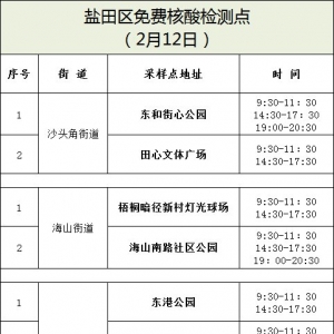 深圳盐田区2月12日核酸采样点安排